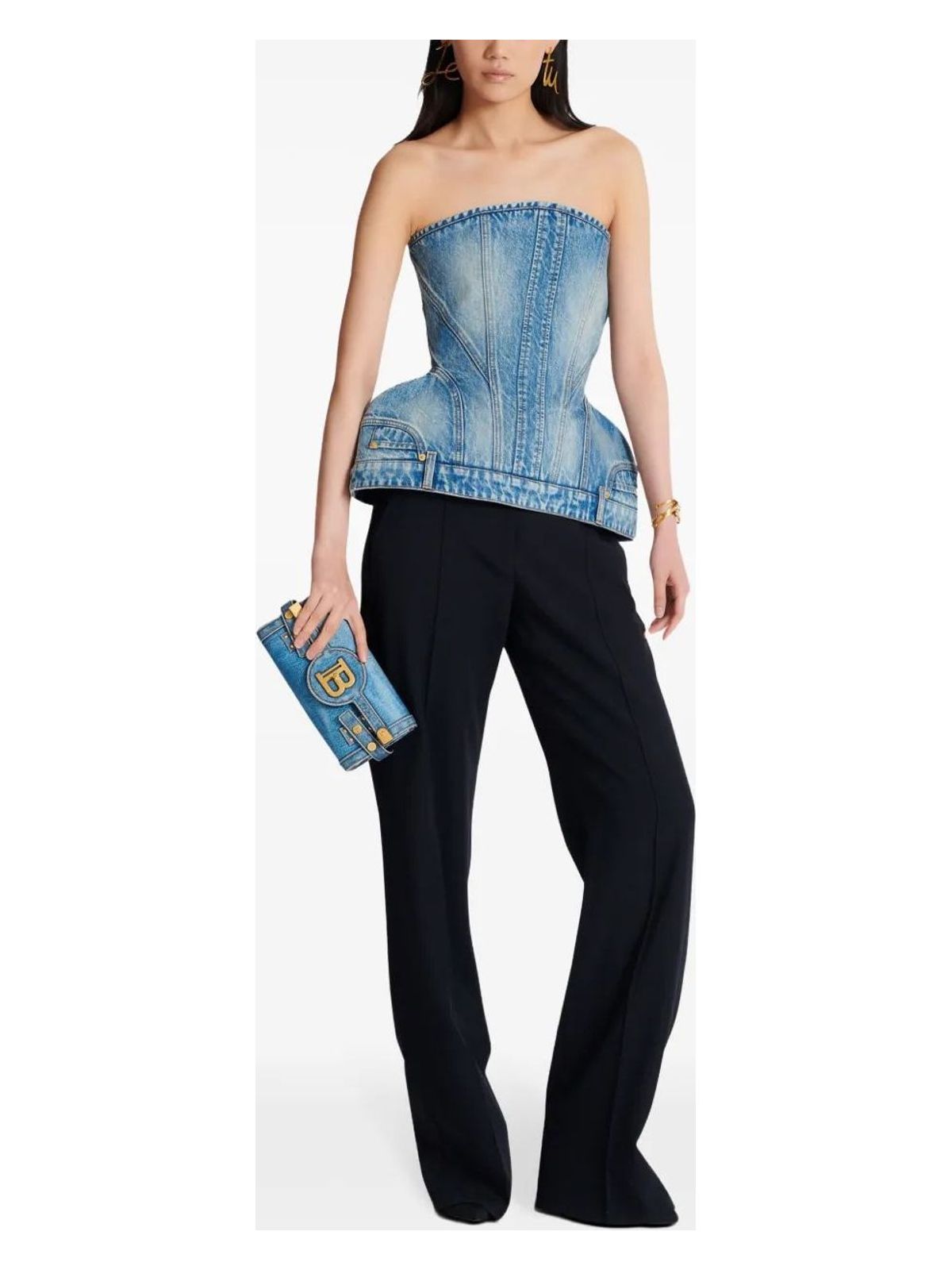 Balmain B-BUZZ POUCH 23-DENIM PRINTED CANVAS