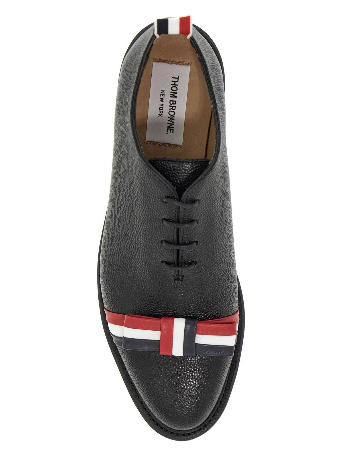 Thom Browne ELEGANT WHOLECUT SHOES IN BLACK CALFSKIN WITH RWB BOW